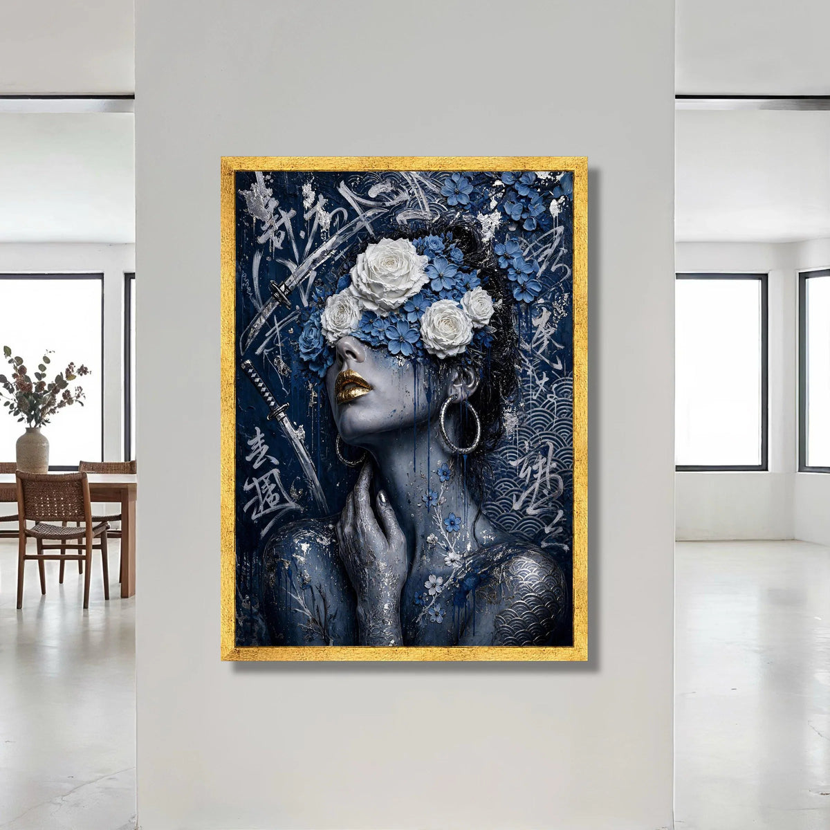 Elegant Woman Portrait Canvas, Blue Floral Headpiece, Samurai Sword Art, Asian Calligraphy Wall Art, Modern Decorative Canvas Print Art
