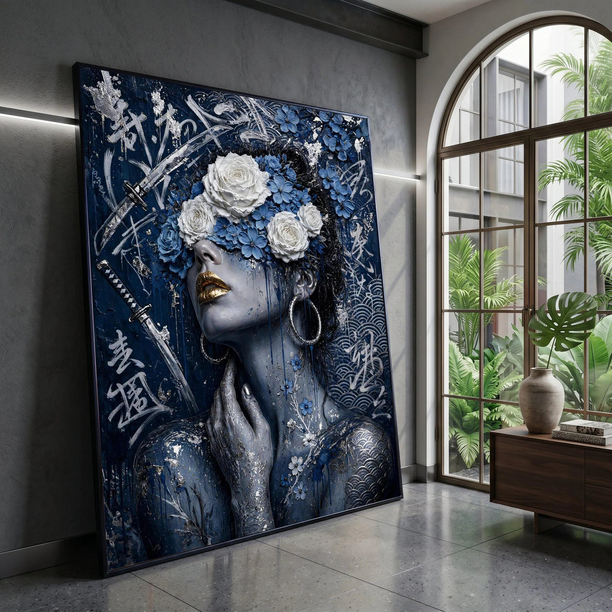 Elegant Woman Portrait Canvas, Blue Floral Headpiece, Samurai Sword Art, Asian Calligraphy Wall Art, Modern Decorative Canvas Print Art