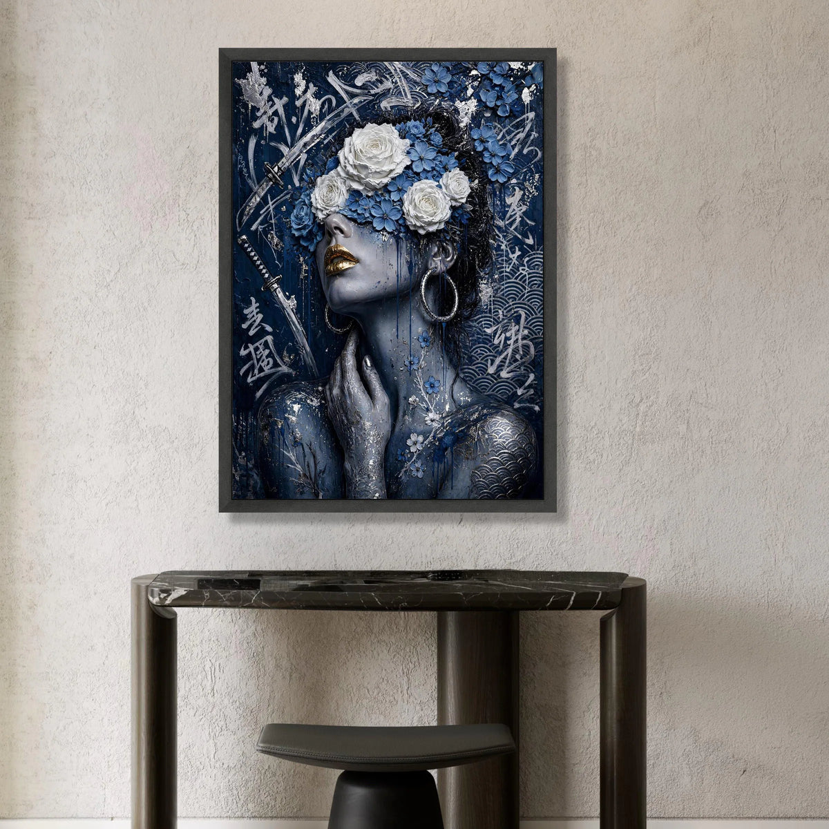 Elegant Woman Portrait Canvas, Blue Floral Headpiece, Samurai Sword Art, Asian Calligraphy Wall Art, Modern Decorative Canvas Print Art