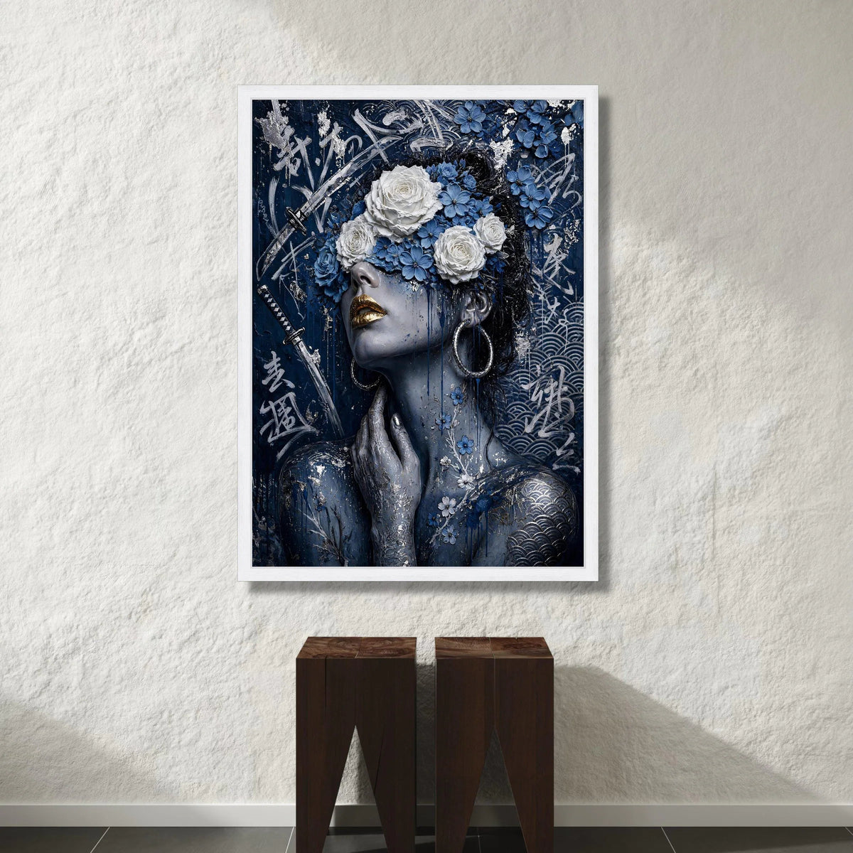 Elegant Woman Portrait Canvas, Blue Floral Headpiece, Samurai Sword Art, Asian Calligraphy Wall Art, Modern Decorative Canvas Print Art