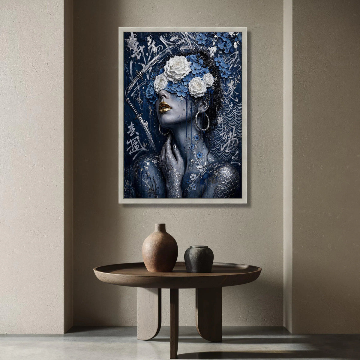 Elegant Woman Portrait Canvas, Blue Floral Headpiece, Samurai Sword Art, Asian Calligraphy Wall Art, Modern Decorative Canvas Print Art