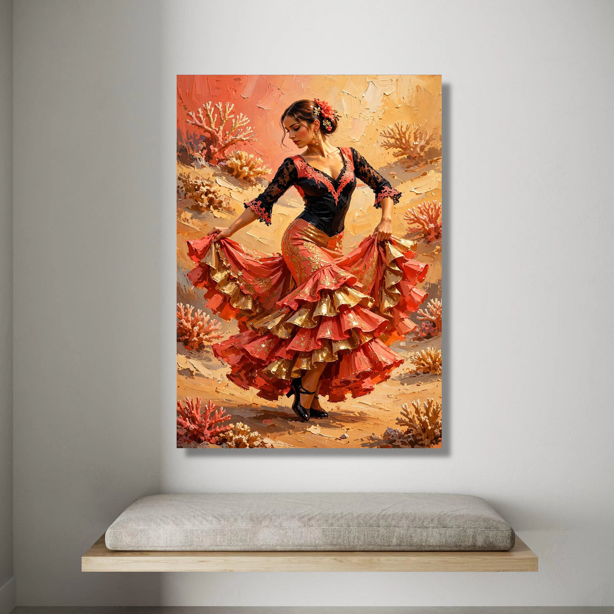 Elegant Flamenco Dancer Canvas Wall Art, Spanish Dance Dress Painting, Vibrant Cultural Home Decor, Dynamic Movement Canvas Print Art