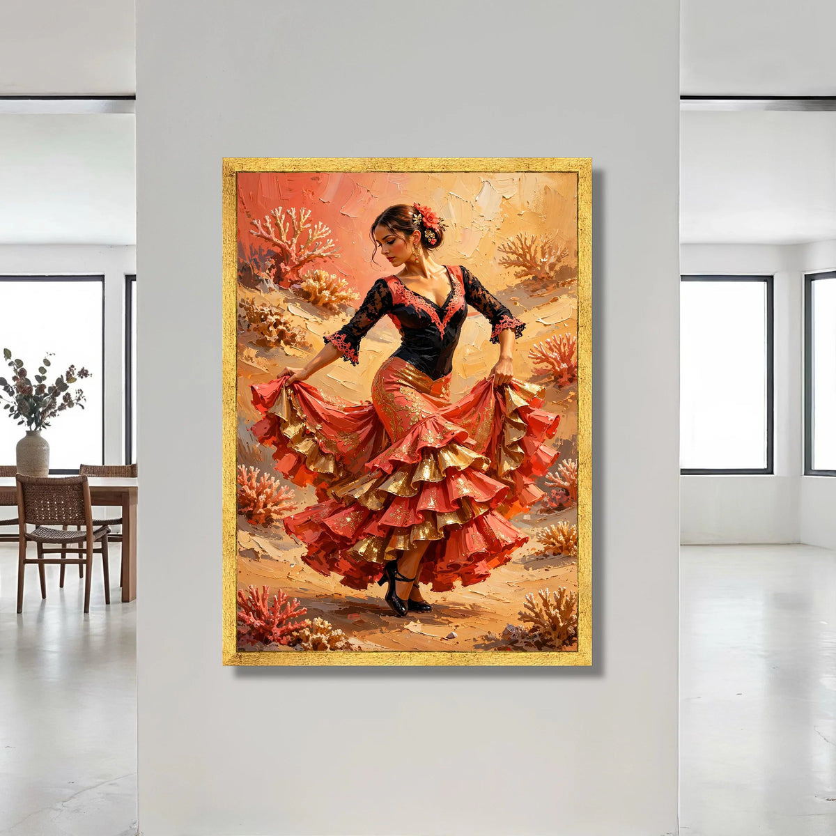 Elegant Flamenco Dancer Canvas Wall Art, Spanish Dance Dress Painting, Vibrant Cultural Home Decor, Dynamic Movement Canvas Print Art