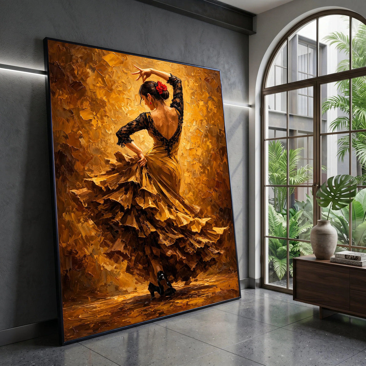 Passionate Flamenco Dancer Canvas Wall Art, Spanish Dance Silhouette, Elegant Woman Ruffled Dress, Vibrant Home Decoration Canvas Print Art
