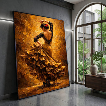 Passionate Flamenco Dancer Canvas Wall Art, Spanish Dance Silhouette, Elegant Woman Ruffled Dress, Vibrant Home Decoration Canvas Print Art