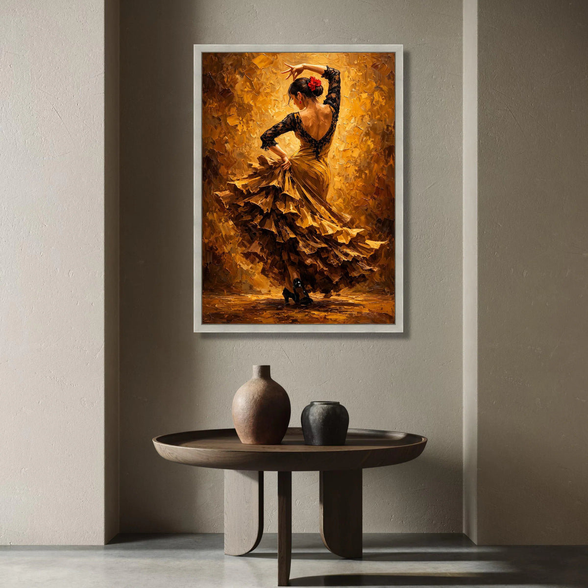 Passionate Flamenco Dancer Canvas Wall Art, Spanish Dance Silhouette, Elegant Woman Ruffled Dress, Vibrant Home Decoration Canvas Print Art