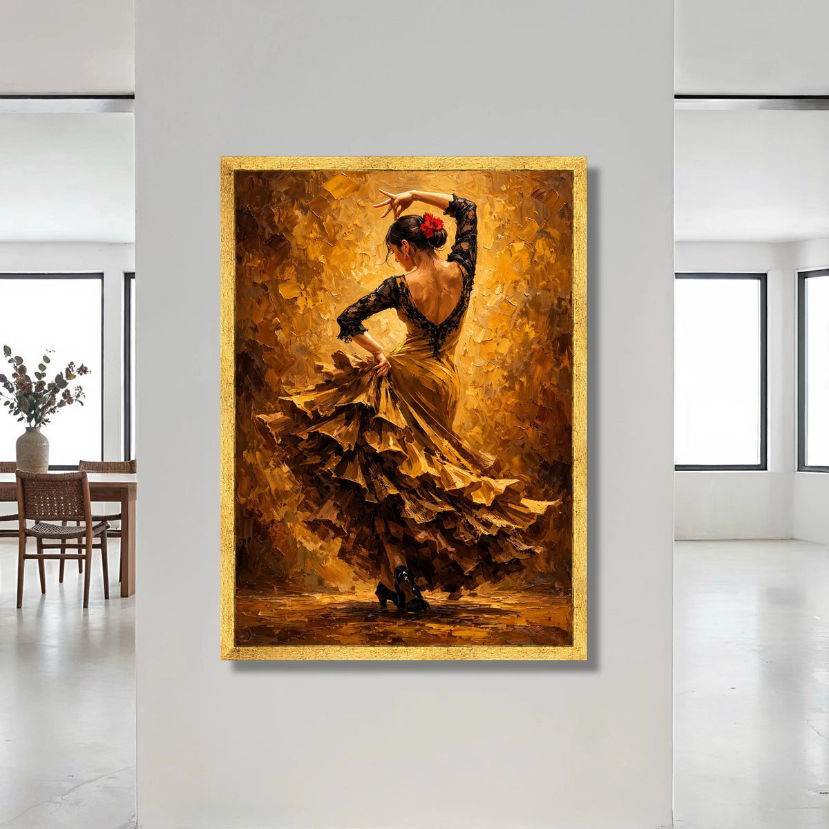Passionate Flamenco Dancer Canvas Wall Art, Spanish Dance Silhouette, Elegant Woman Ruffled Dress, Vibrant Home Decoration Canvas Print Art