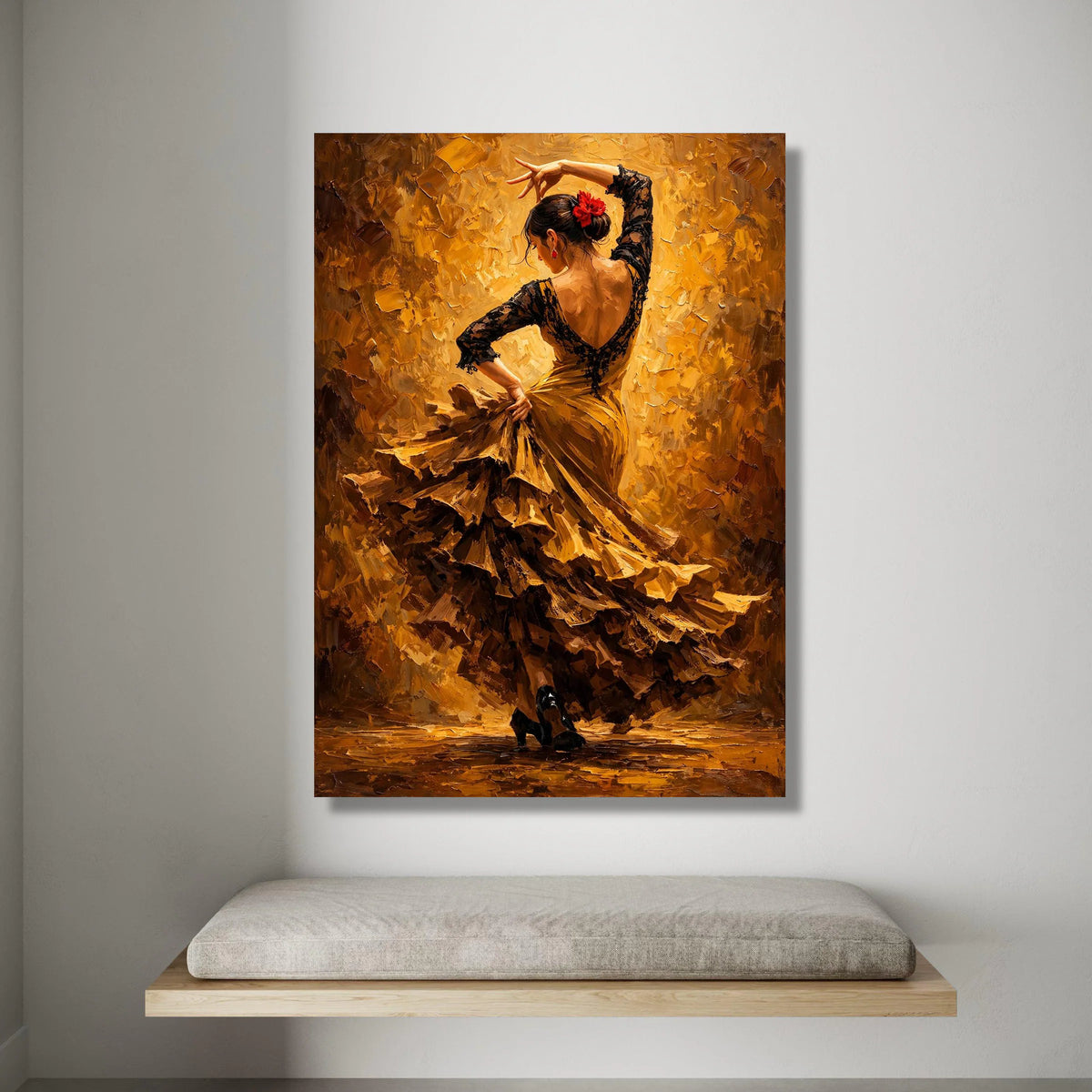 Passionate Flamenco Dancer Canvas Wall Art, Spanish Dance Silhouette, Elegant Woman Ruffled Dress, Vibrant Home Decoration Canvas Print Art