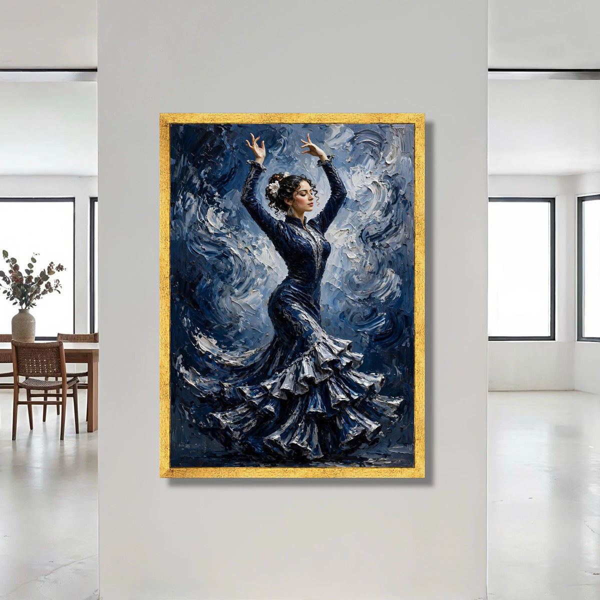 Elegant Flamenco Dancer Canvas, Spanish Dance Art, Blue Dress Wall Art, Movement Painting, Cultural Home Decor, Ready to Canvas Print Art