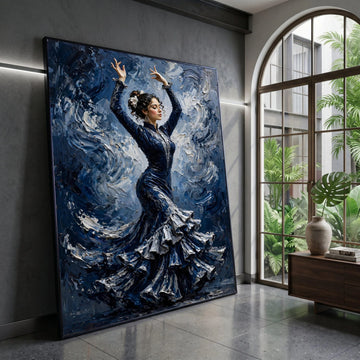 Elegant Flamenco Dancer Canvas, Spanish Dance Art, Blue Dress Wall Art, Movement Painting, Cultural Home Decor, Ready to Canvas Print Art