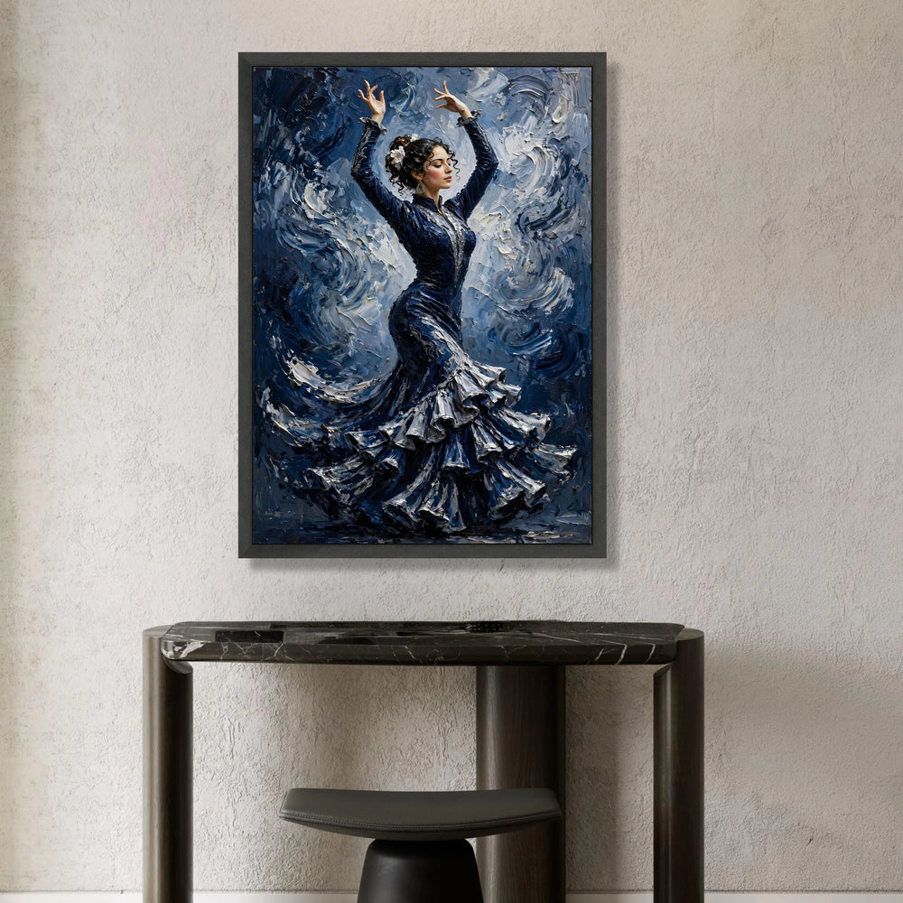 Elegant Flamenco Dancer Canvas, Spanish Dance Art, Blue Dress Wall Art, Movement Painting, Cultural Home Decor, Ready to Canvas Print Art