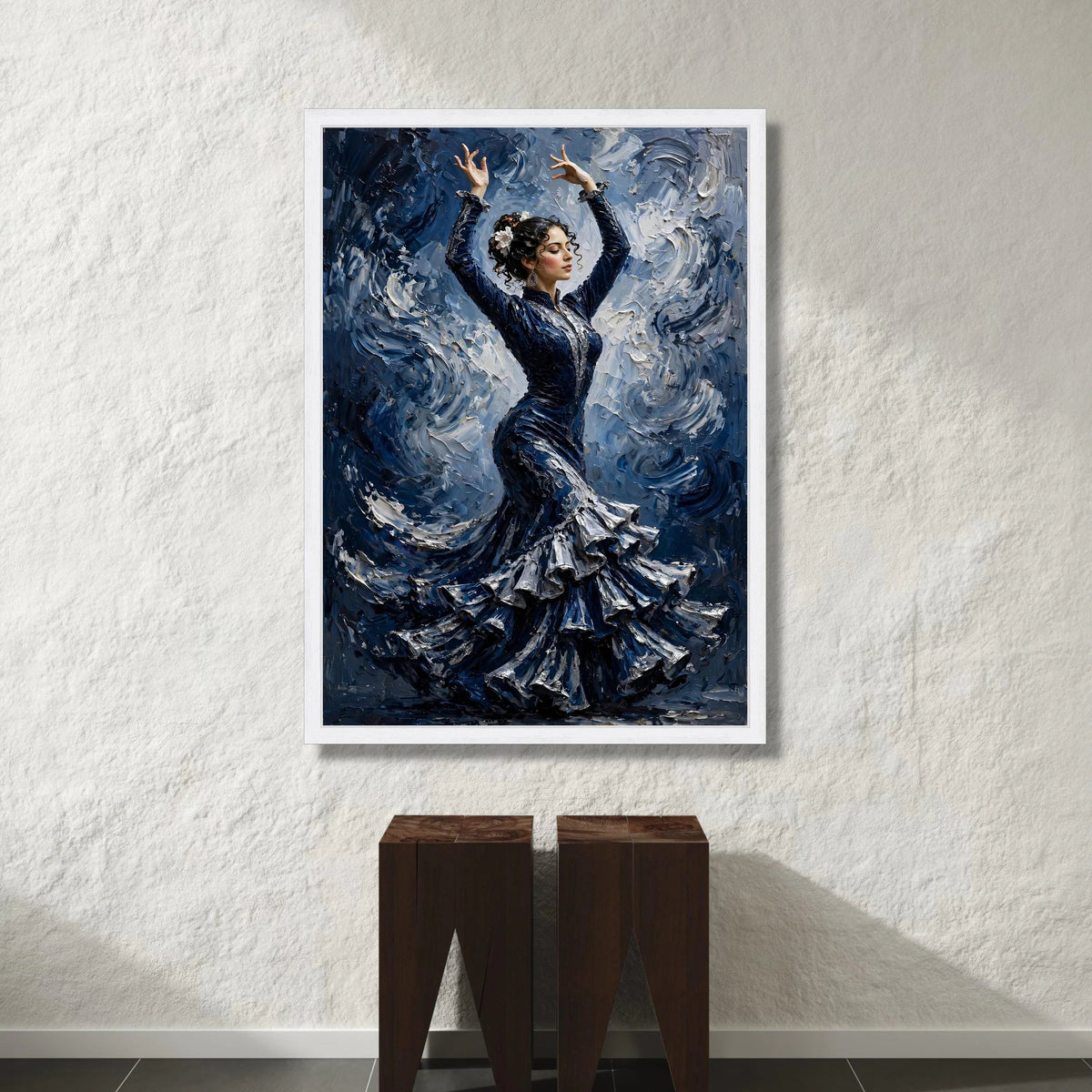 Elegant Flamenco Dancer Canvas, Spanish Dance Art, Blue Dress Wall Art, Movement Painting, Cultural Home Decor, Ready to Canvas Print Art
