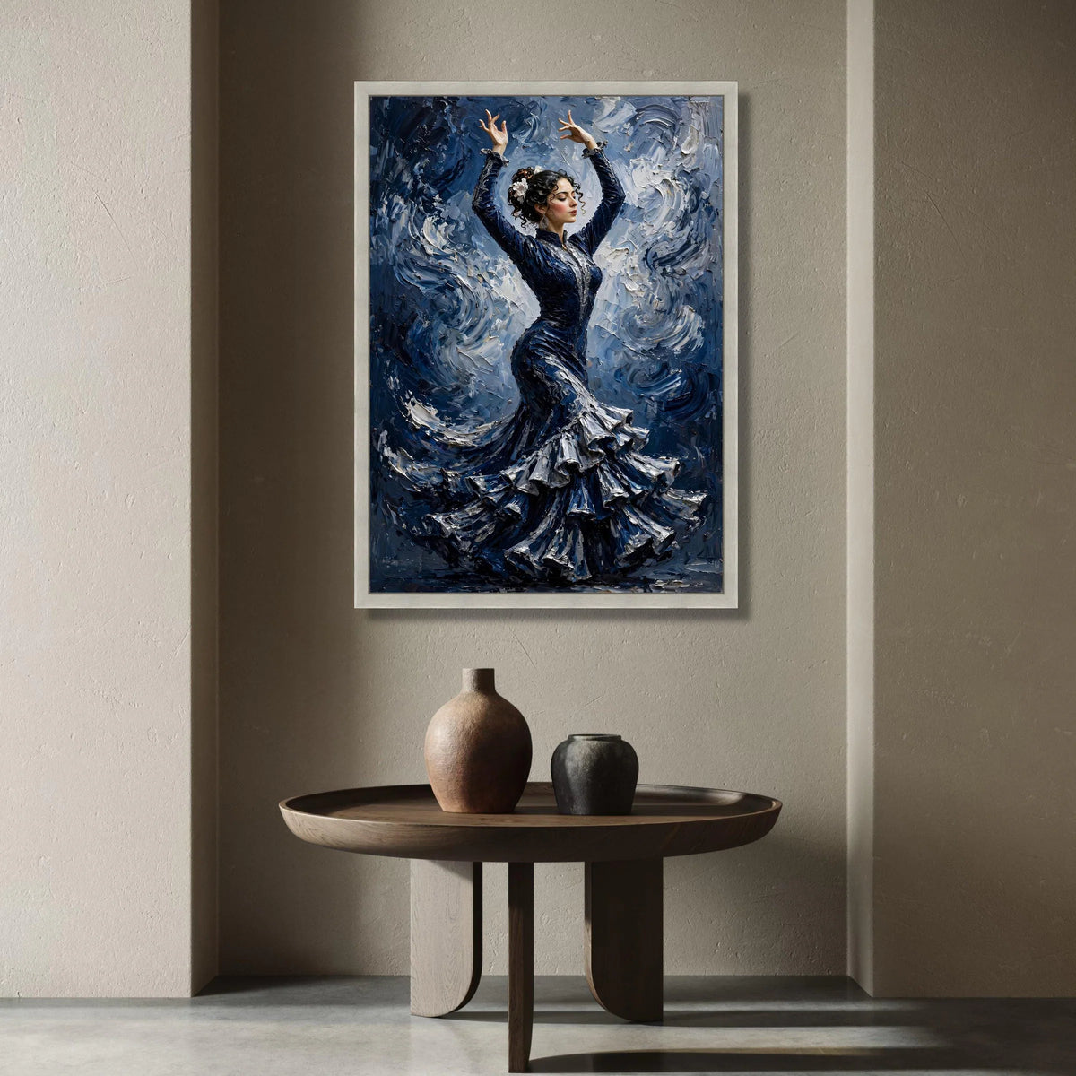 Elegant Flamenco Dancer Canvas, Spanish Dance Art, Blue Dress Wall Art, Movement Painting, Cultural Home Decor, Ready to Canvas Print Art