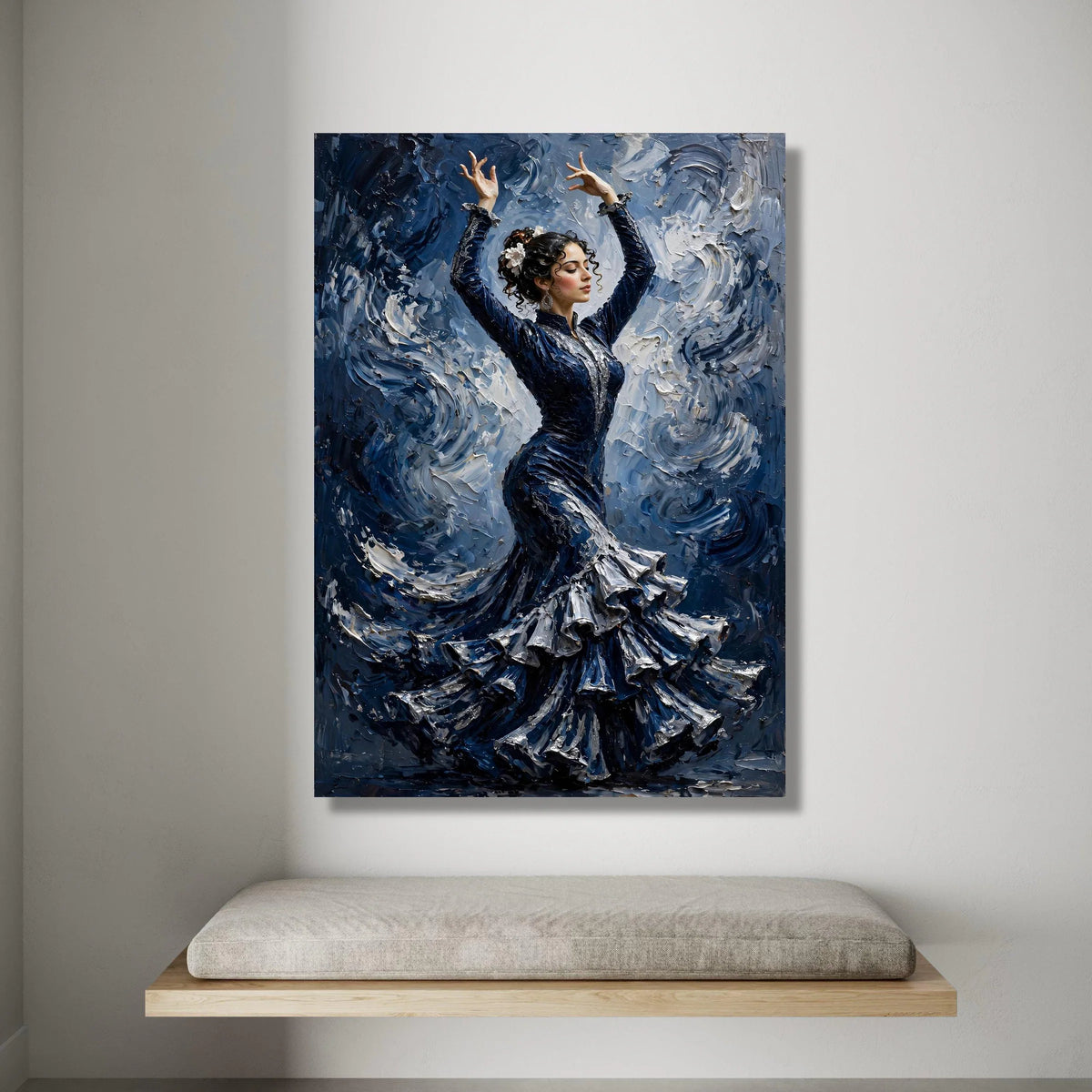 Elegant Flamenco Dancer Canvas, Spanish Dance Art, Blue Dress Wall Art, Movement Painting, Cultural Home Decor, Ready to Canvas Print Art