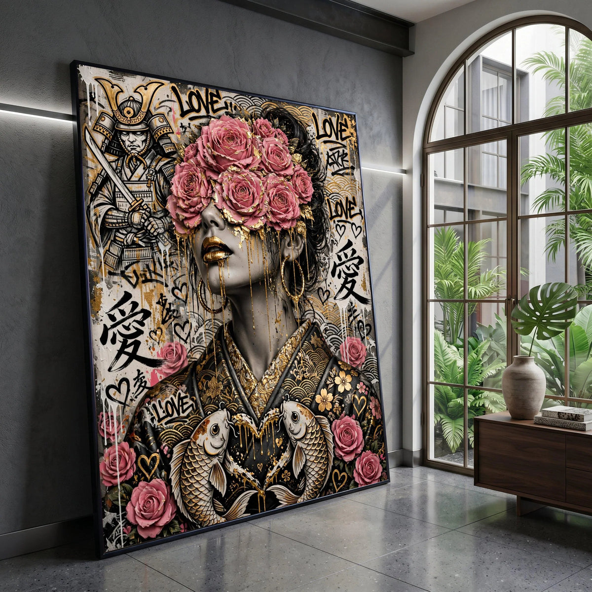 Samurai and Floral Woman Portrait Canvas, Japanese Art Wall Decor, Pink Roses and Gold Accent, Contemporary Urban Canvas, Canvas Print Art