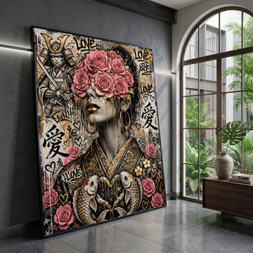 Samurai and Floral Woman Portrait Canvas, Japanese Art Wall Decor, Pink Roses and Gold Accent, Contemporary Urban Canvas, Canvas Print Art