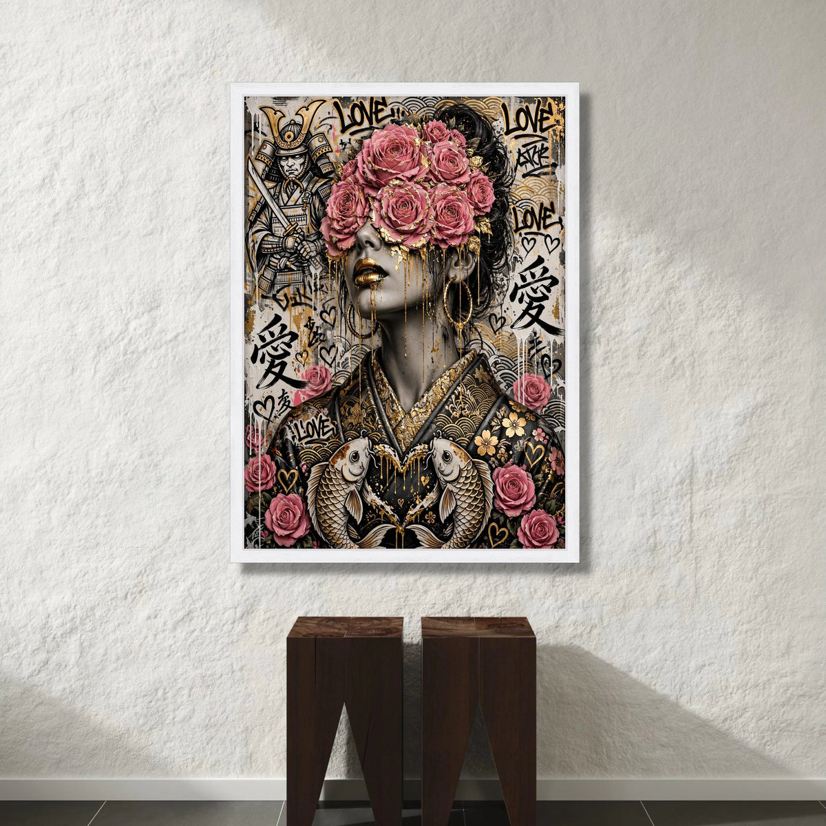 Samurai and Floral Woman Portrait Canvas, Japanese Art Wall Decor, Pink Roses and Gold Accent, Contemporary Urban Canvas, Canvas Print Art