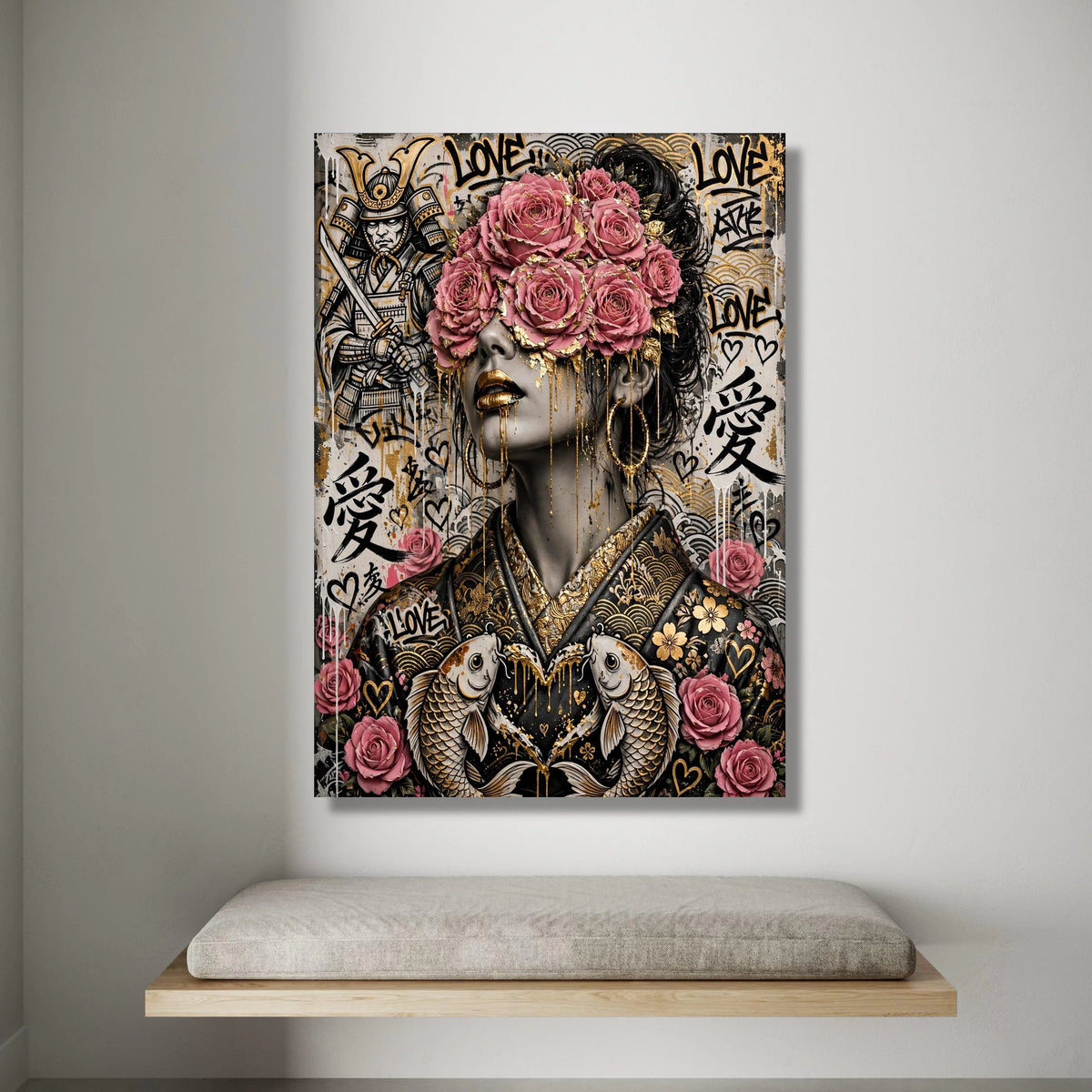 Samurai and Floral Woman Portrait Canvas, Japanese Art Wall Decor, Pink Roses and Gold Accent, Contemporary Urban Canvas, Canvas Print Art