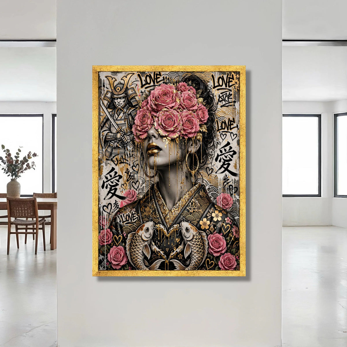 Samurai and Floral Woman Portrait Canvas, Japanese Art Wall Decor, Pink Roses and Gold Accent, Contemporary Urban Canvas, Canvas Print Art
