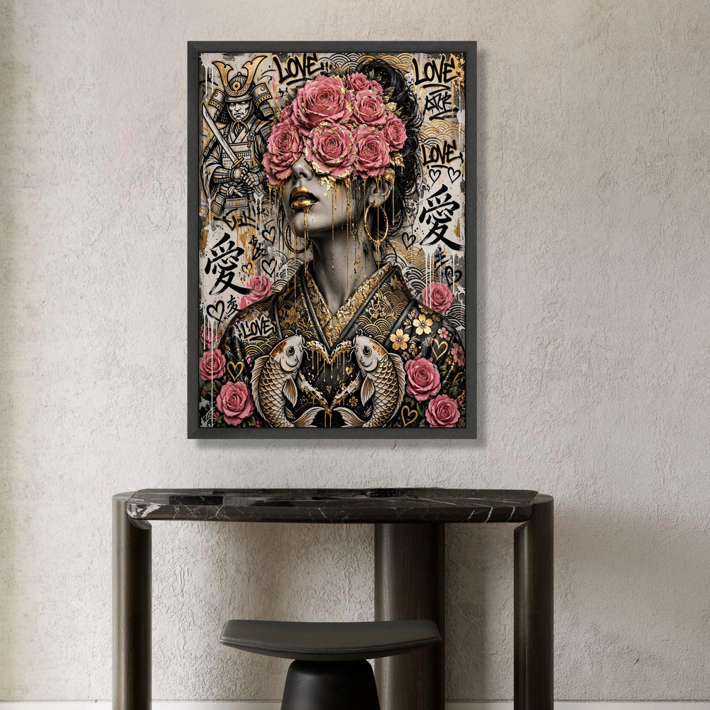 Samurai and Floral Woman Portrait Canvas, Japanese Art Wall Decor, Pink Roses and Gold Accent, Contemporary Urban Canvas, Canvas Print Art