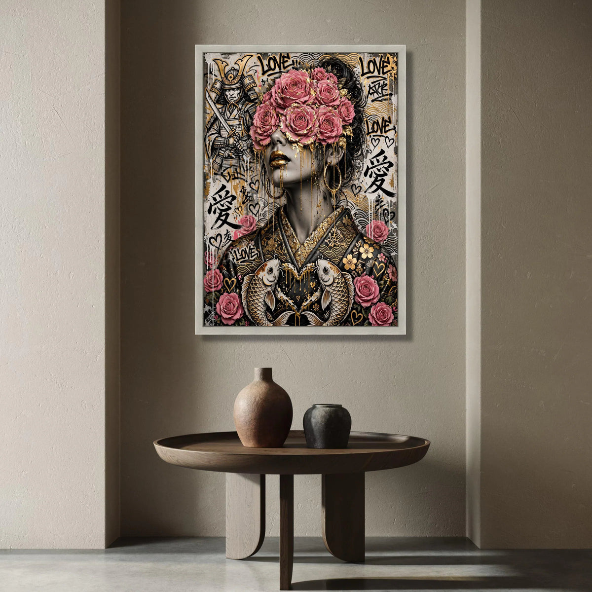 Samurai and Floral Woman Portrait Canvas, Japanese Art Wall Decor, Pink Roses and Gold Accent, Contemporary Urban Canvas, Canvas Print Art