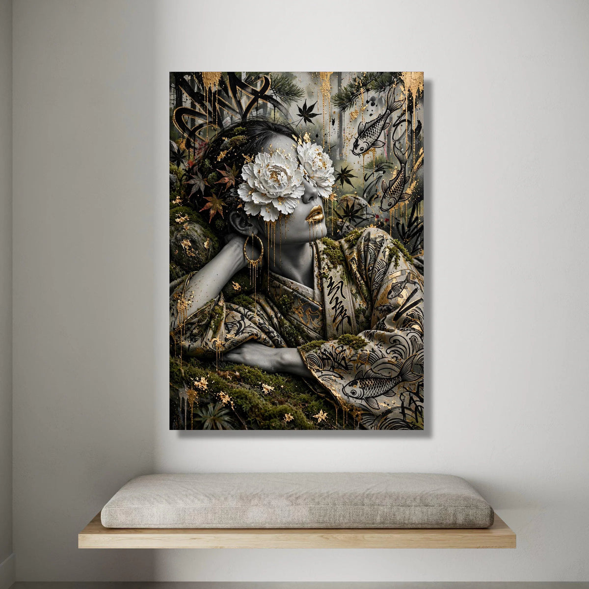 Surreal Geisha Portrait, Floral Eyes Canvas, Koi Fish Art, Asian Wall Decor, Gold Accents Canvas, Elegant Home Decoration Canvas Print Art