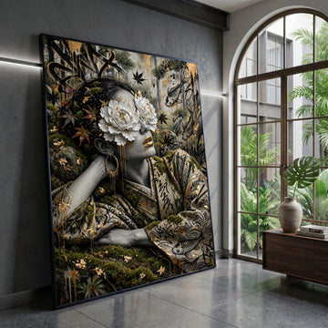 Surreal Geisha Portrait, Floral Eyes Canvas, Koi Fish Art, Asian Wall Decor, Gold Accents Canvas, Elegant Home Decoration Canvas Print Art