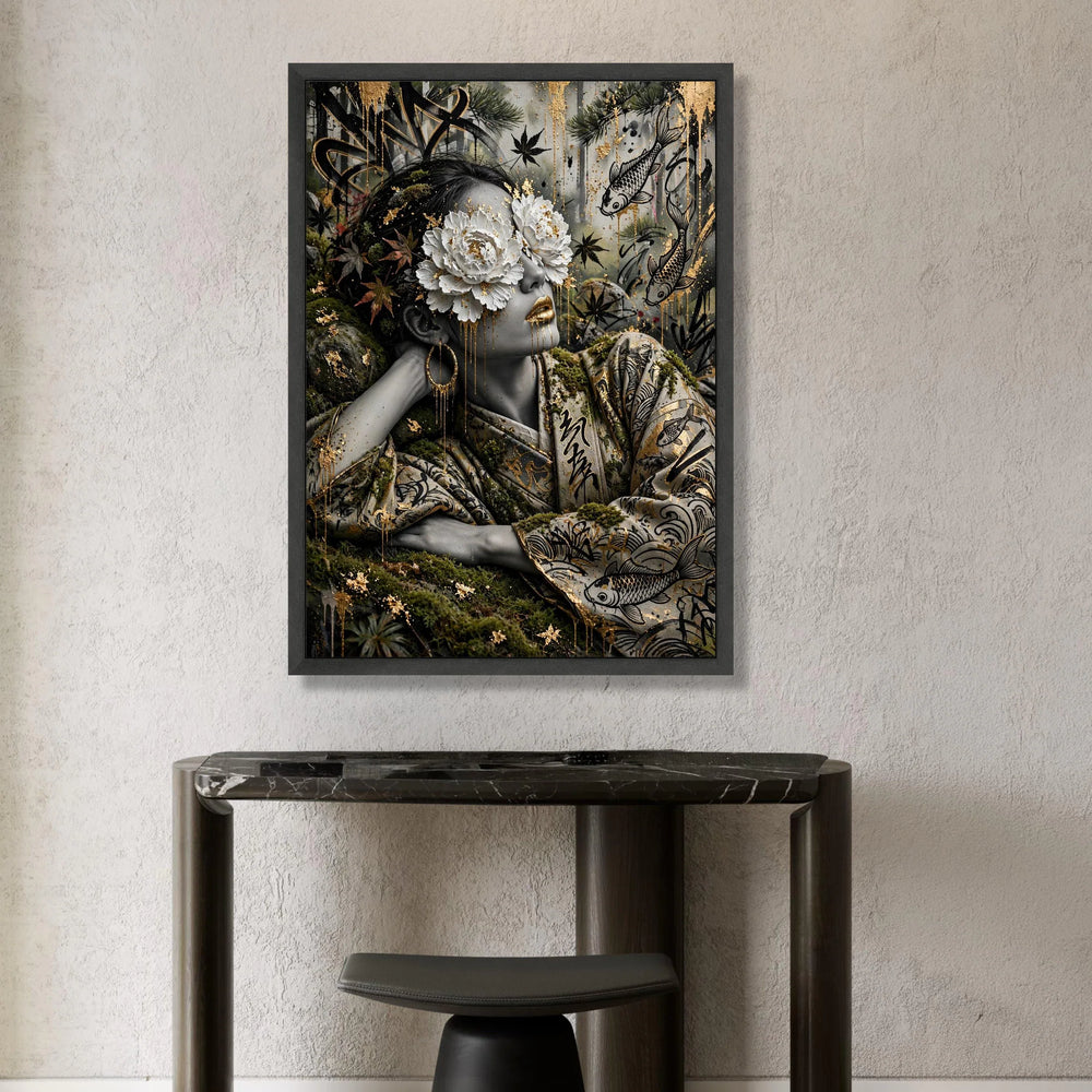 Surreal Geisha Portrait, Floral Eyes Canvas, Koi Fish Art, Asian Wall Decor, Gold Accents Canvas, Elegant Home Decoration Canvas Print Art