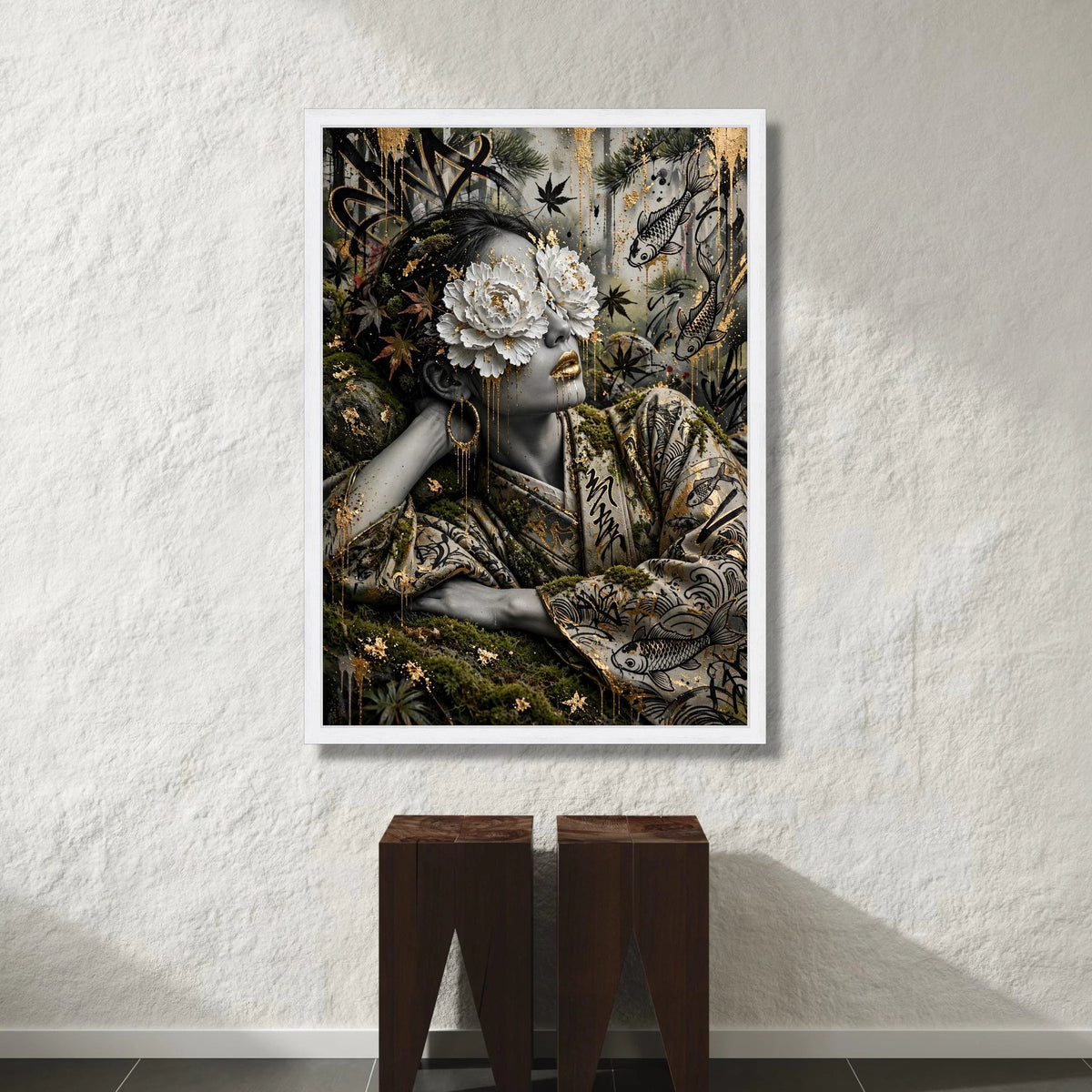 Surreal Geisha Portrait, Floral Eyes Canvas, Koi Fish Art, Asian Wall Decor, Gold Accents Canvas, Elegant Home Decoration Canvas Print Art