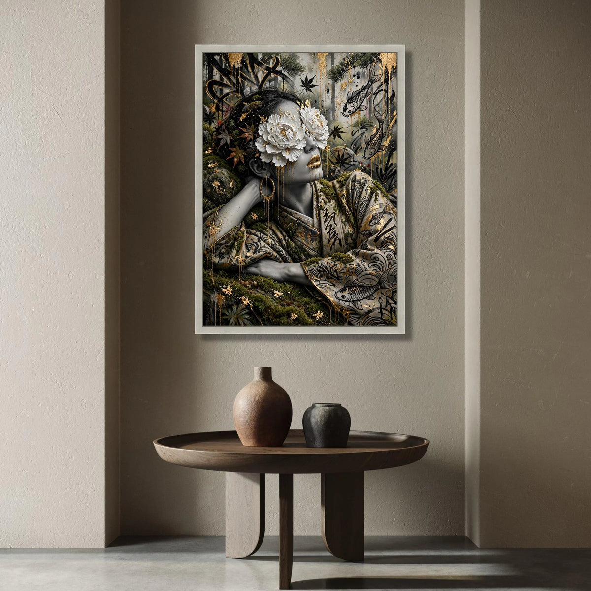 Surreal Geisha Portrait, Floral Eyes Canvas, Koi Fish Art, Asian Wall Decor, Gold Accents Canvas, Elegant Home Decoration Canvas Print Art