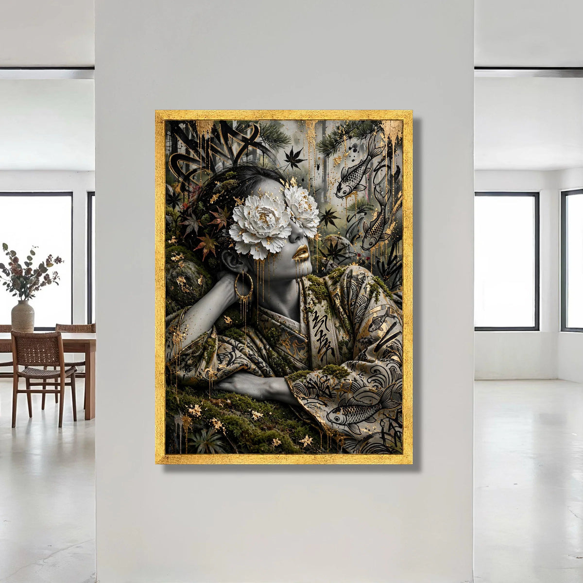 Surreal Geisha Portrait, Floral Eyes Canvas, Koi Fish Art, Asian Wall Decor, Gold Accents Canvas, Elegant Home Decoration Canvas Print Art