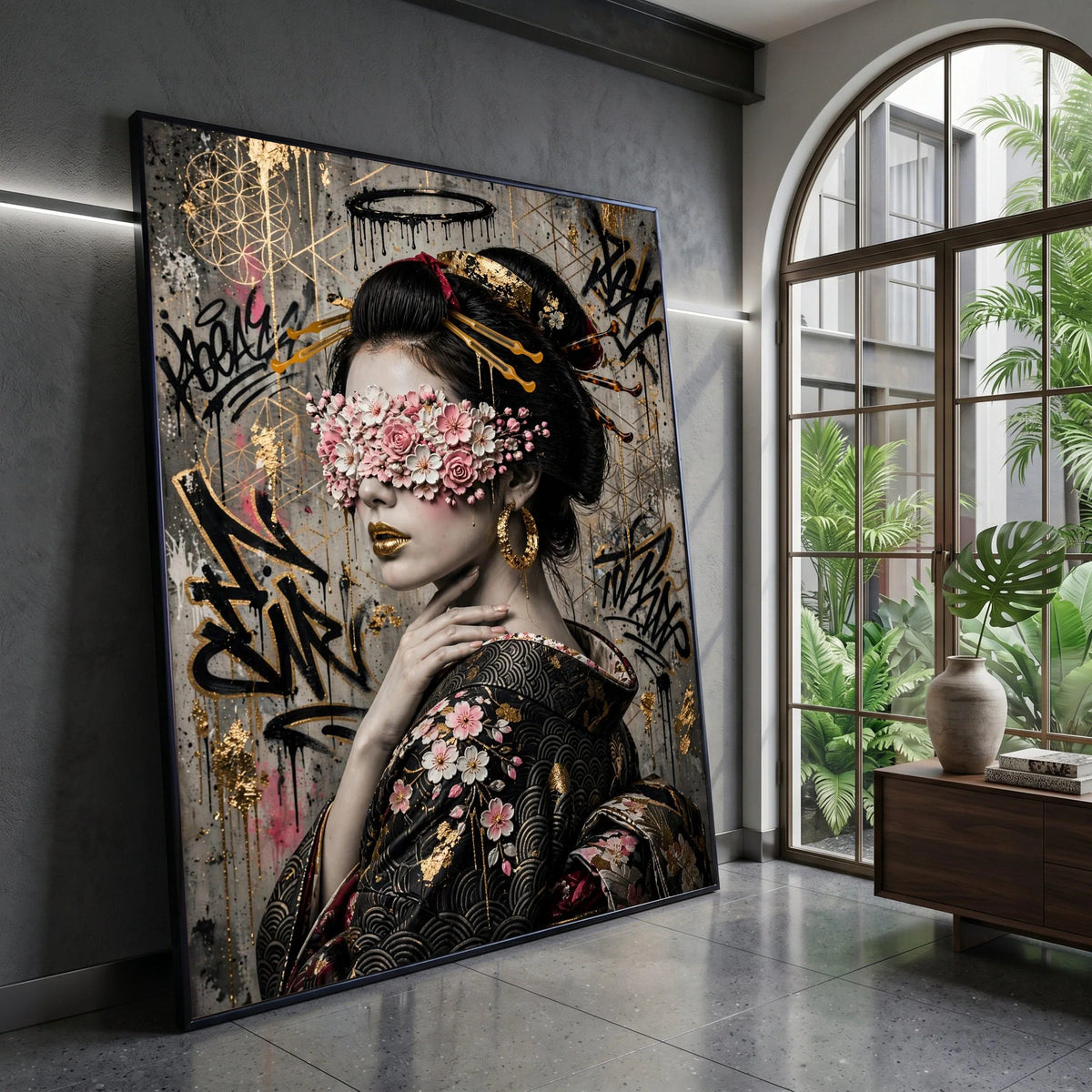 Elegant Geisha Portrait Canvas, Floral Blindfold Art, Japanese Kimono Wall Decor, Gold Accent Urban Style, Contemporary Canvas Print Art