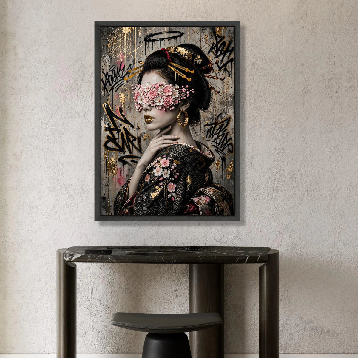 Elegant Geisha Portrait Canvas, Floral Blindfold Art, Japanese Kimono Wall Decor, Gold Accent Urban Style, Contemporary Canvas Print Art