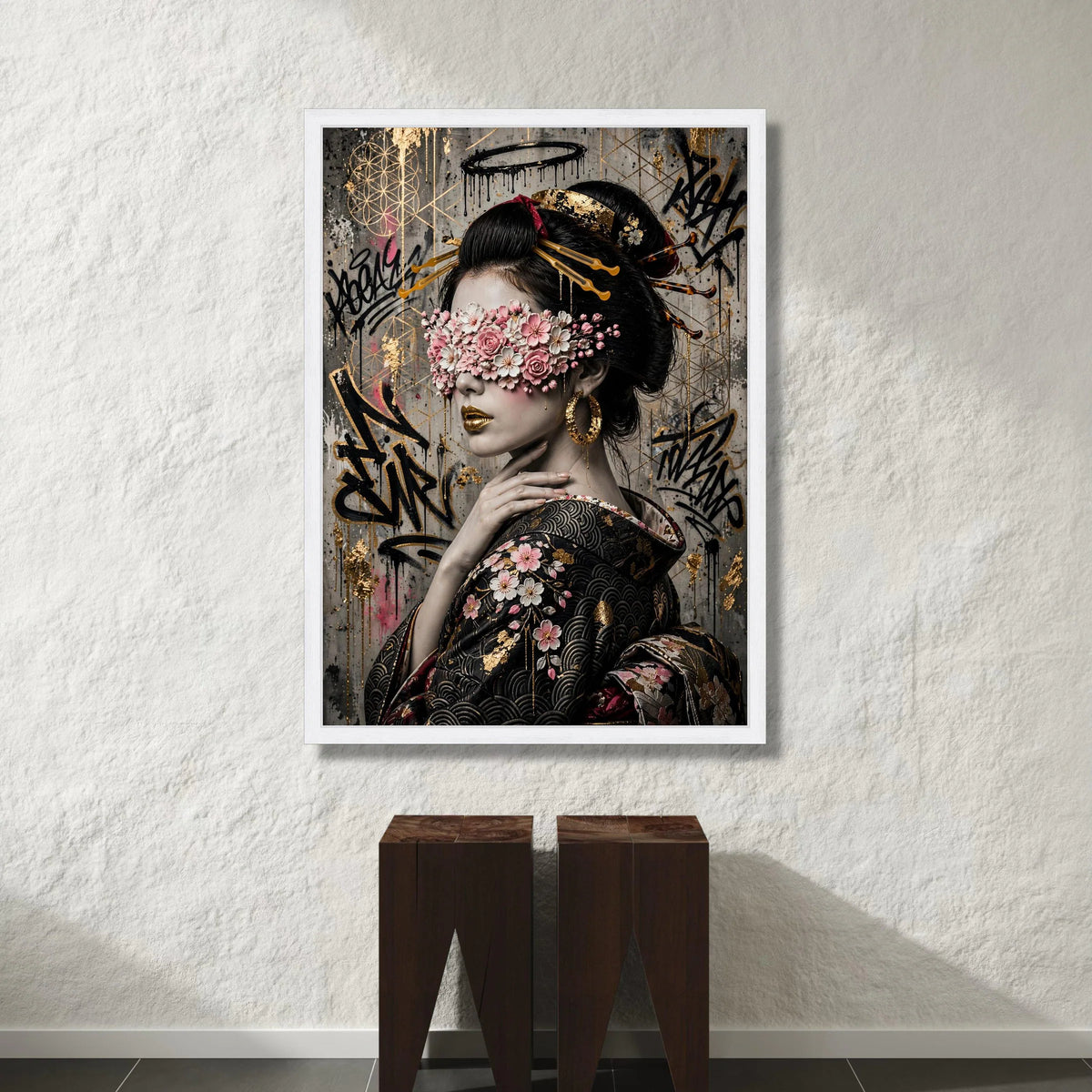 Elegant Geisha Portrait Canvas, Floral Blindfold Art, Japanese Kimono Wall Decor, Gold Accent Urban Style, Contemporary Canvas Print Art