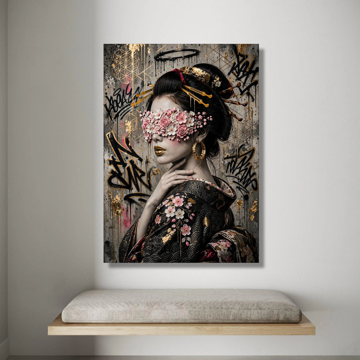 Elegant Geisha Portrait Canvas, Floral Blindfold Art, Japanese Kimono Wall Decor, Gold Accent Urban Style, Contemporary Canvas Print Art