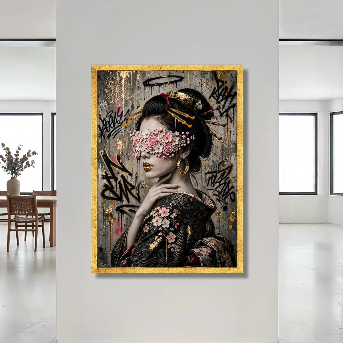 Elegant Geisha Portrait Canvas, Floral Blindfold Art, Japanese Kimono Wall Decor, Gold Accent Urban Style, Contemporary Canvas Print Art