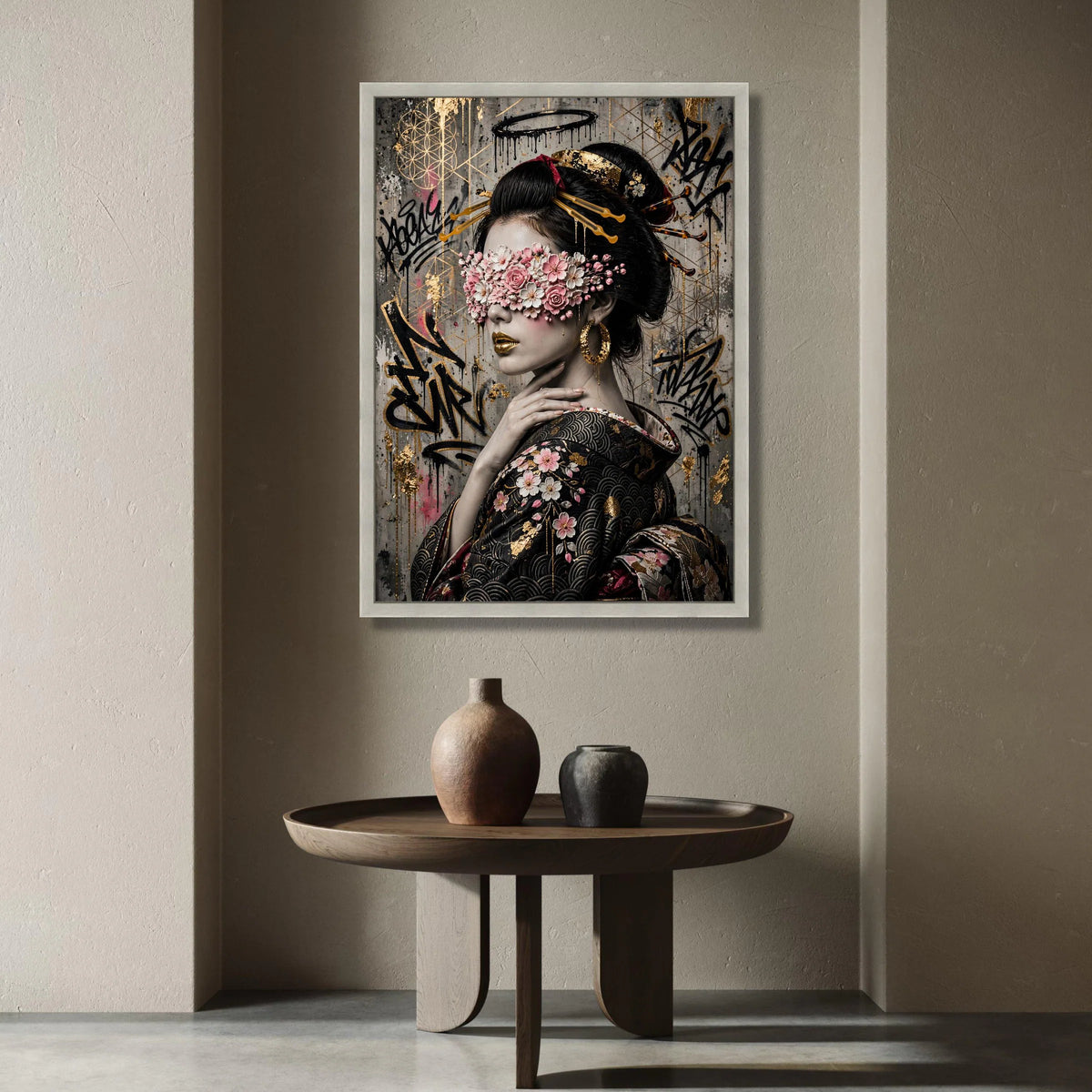 Elegant Geisha Portrait Canvas, Floral Blindfold Art, Japanese Kimono Wall Decor, Gold Accent Urban Style, Contemporary Canvas Print Art