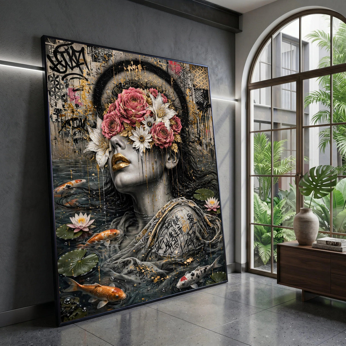 Surreal Woman with Floral Mask Canvas, Modern Portrait Art, Koi Fish Water Scene, Abstract Urban Wall Art, Ready to Hang Canvas Print Art