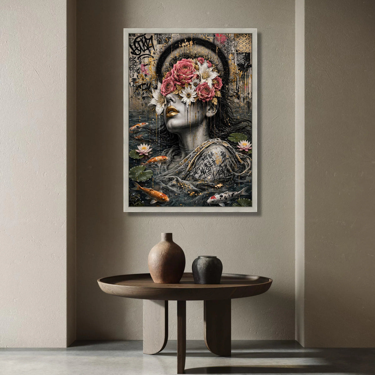 Surreal Woman with Floral Mask Canvas, Modern Portrait Art, Koi Fish Water Scene, Abstract Urban Wall Art, Ready to Hang Canvas Print Art