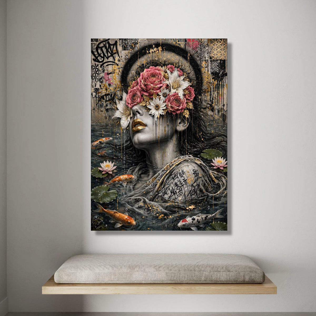 Surreal Woman with Floral Mask Canvas, Modern Portrait Art, Koi Fish Water Scene, Abstract Urban Wall Art, Ready to Hang Canvas Print Art