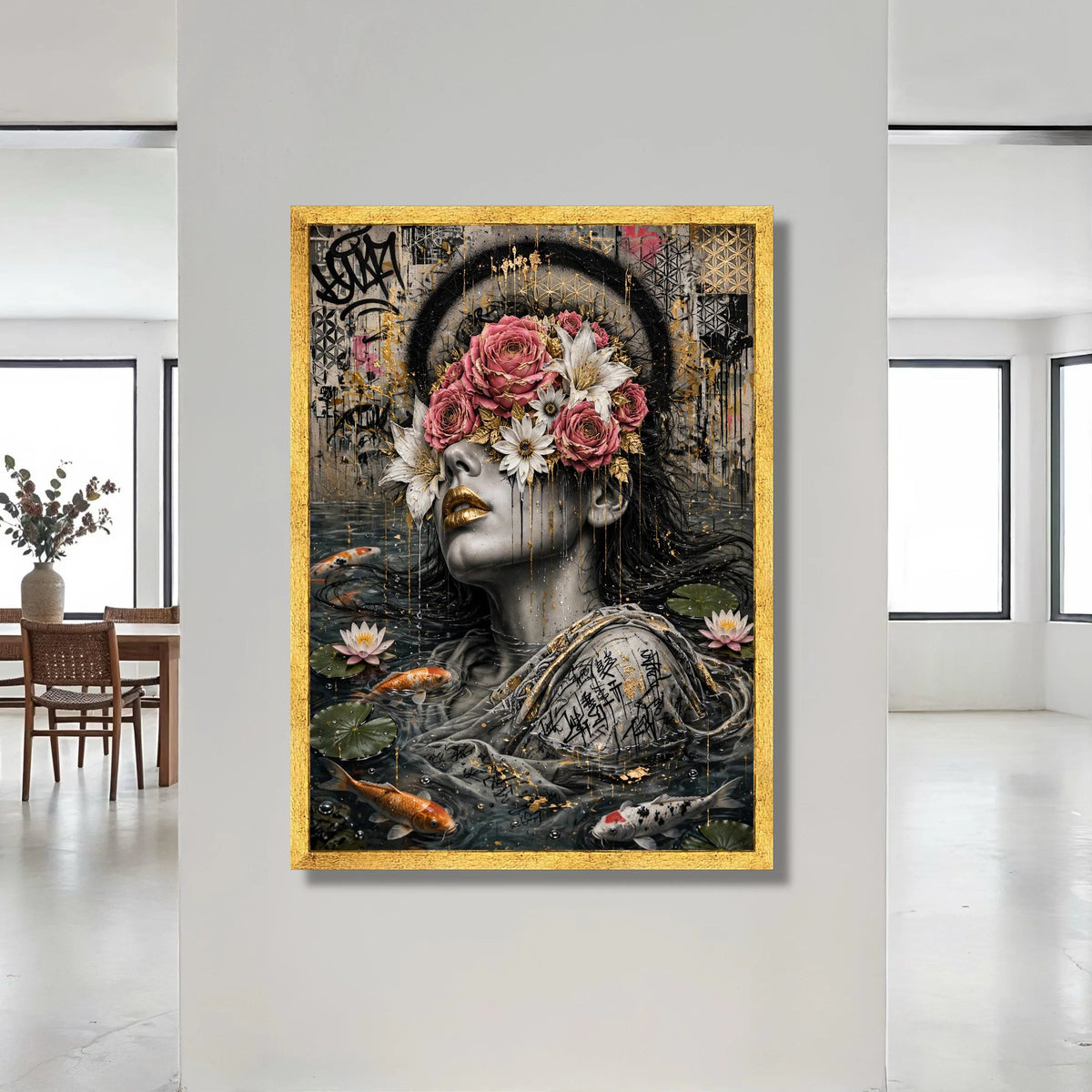 Surreal Woman with Floral Mask Canvas, Modern Portrait Art, Koi Fish Water Scene, Abstract Urban Wall Art, Ready to Hang Canvas Print Art