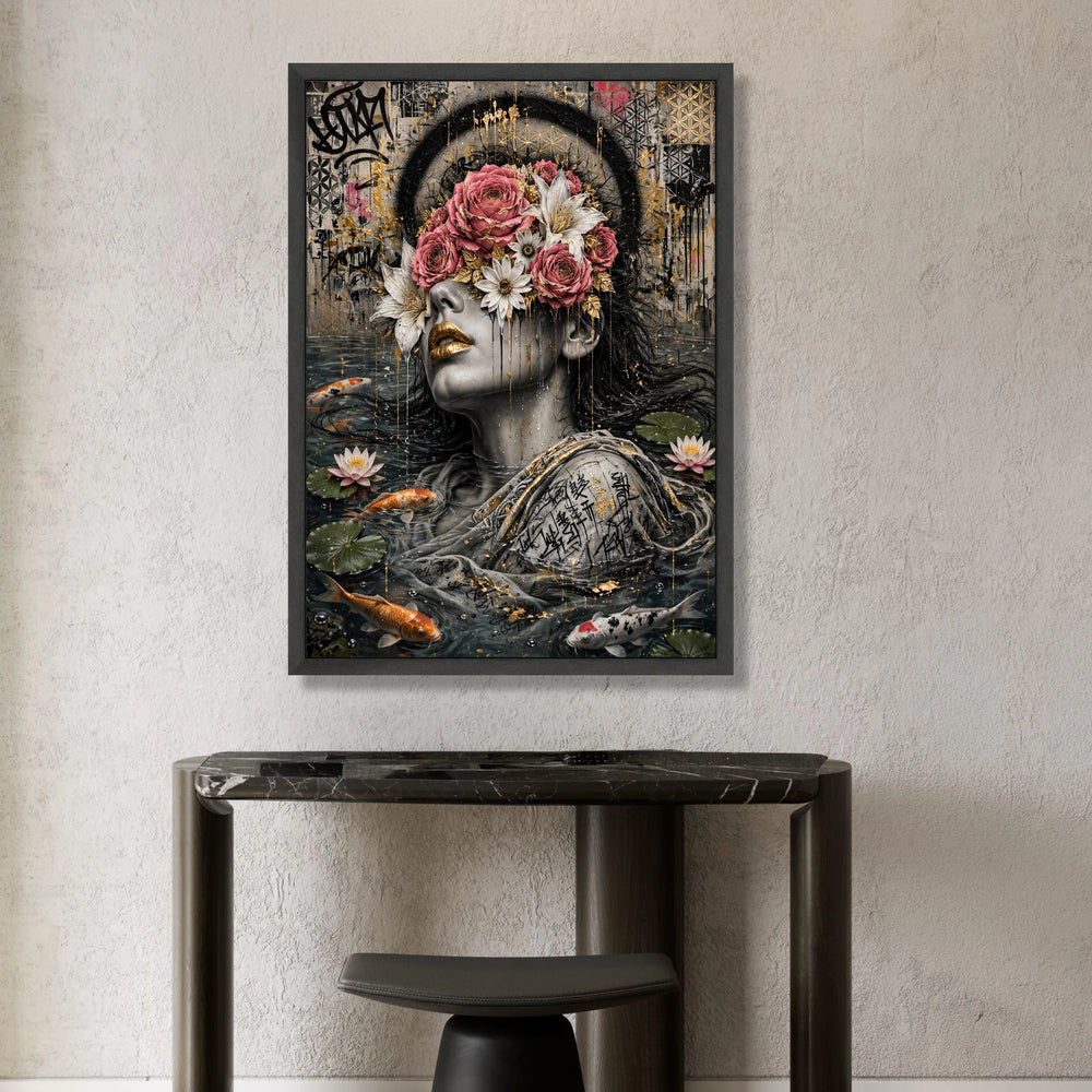 Surreal Woman with Floral Mask Canvas, Modern Portrait Art, Koi Fish Water Scene, Abstract Urban Wall Art, Ready to Hang Canvas Print Art