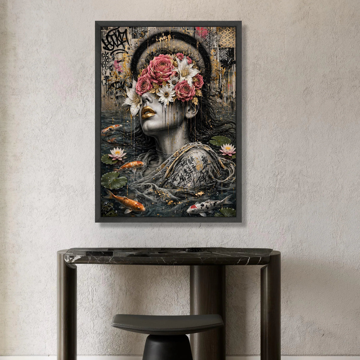 Surreal Woman with Floral Mask Canvas, Modern Portrait Art, Koi Fish Water Scene, Abstract Urban Wall Art, Ready to Hang Canvas Print Art