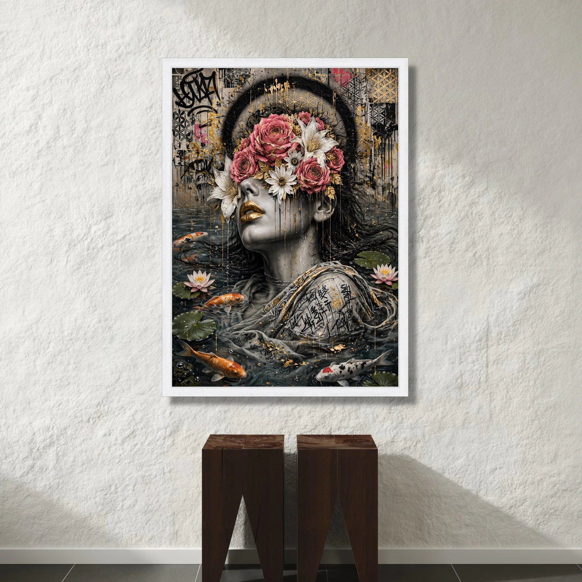 Surreal Woman with Floral Mask Canvas, Modern Portrait Art, Koi Fish Water Scene, Abstract Urban Wall Art, Ready to Hang Canvas Print Art