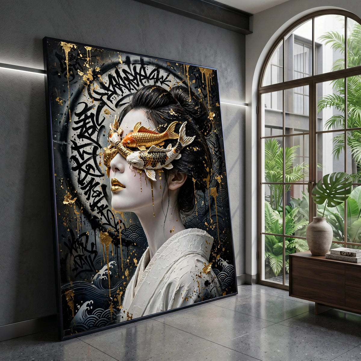Surreal Koi Mask Portrait Canvas, Asian Woman Wall Art, Gold Accent Modern Canvas, Decorative Face Art, Contemporary Home Canvas Print Art