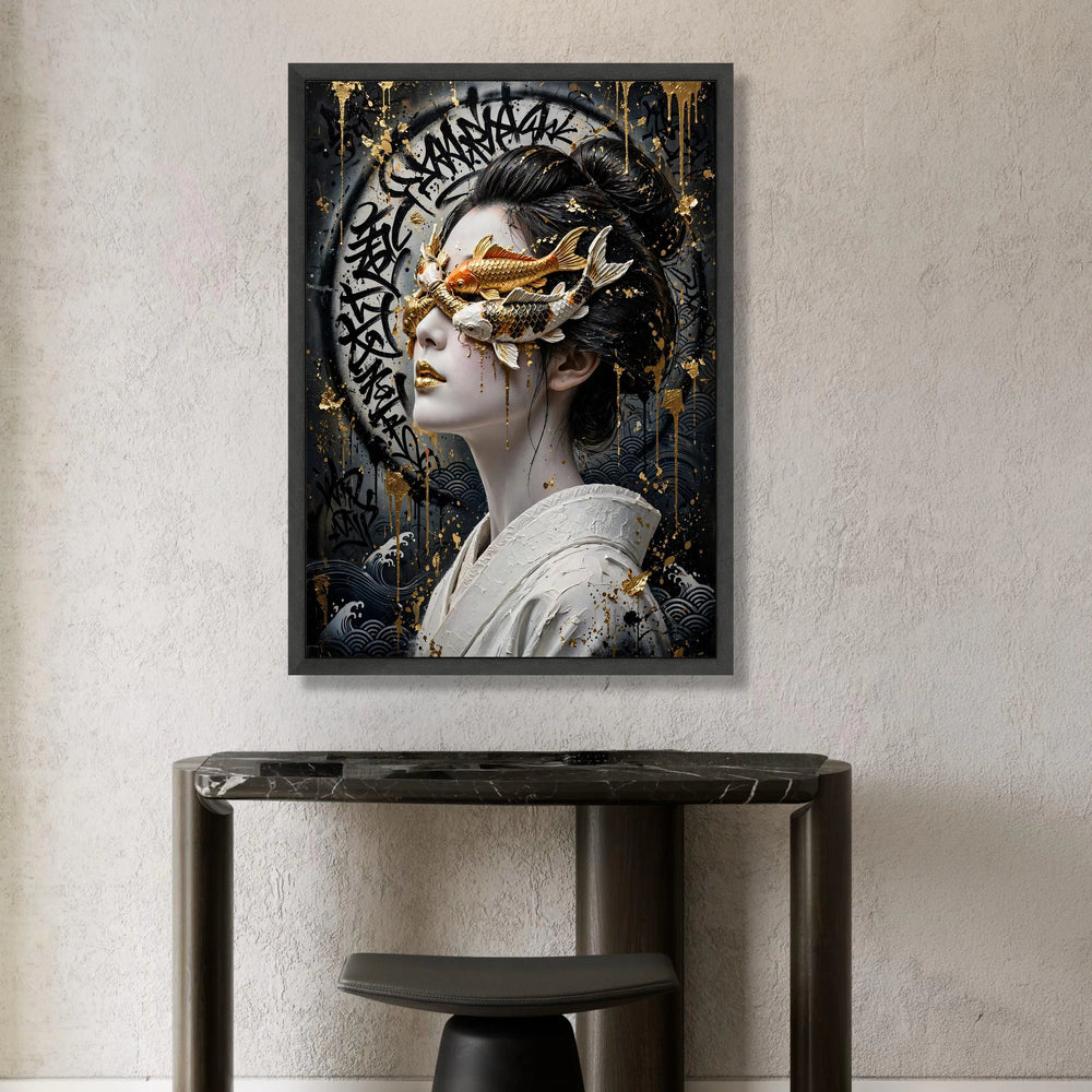 Surreal Koi Mask Portrait Canvas, Asian Woman Wall Art, Gold Accent Modern Canvas, Decorative Face Art, Contemporary Home Canvas Print Art
