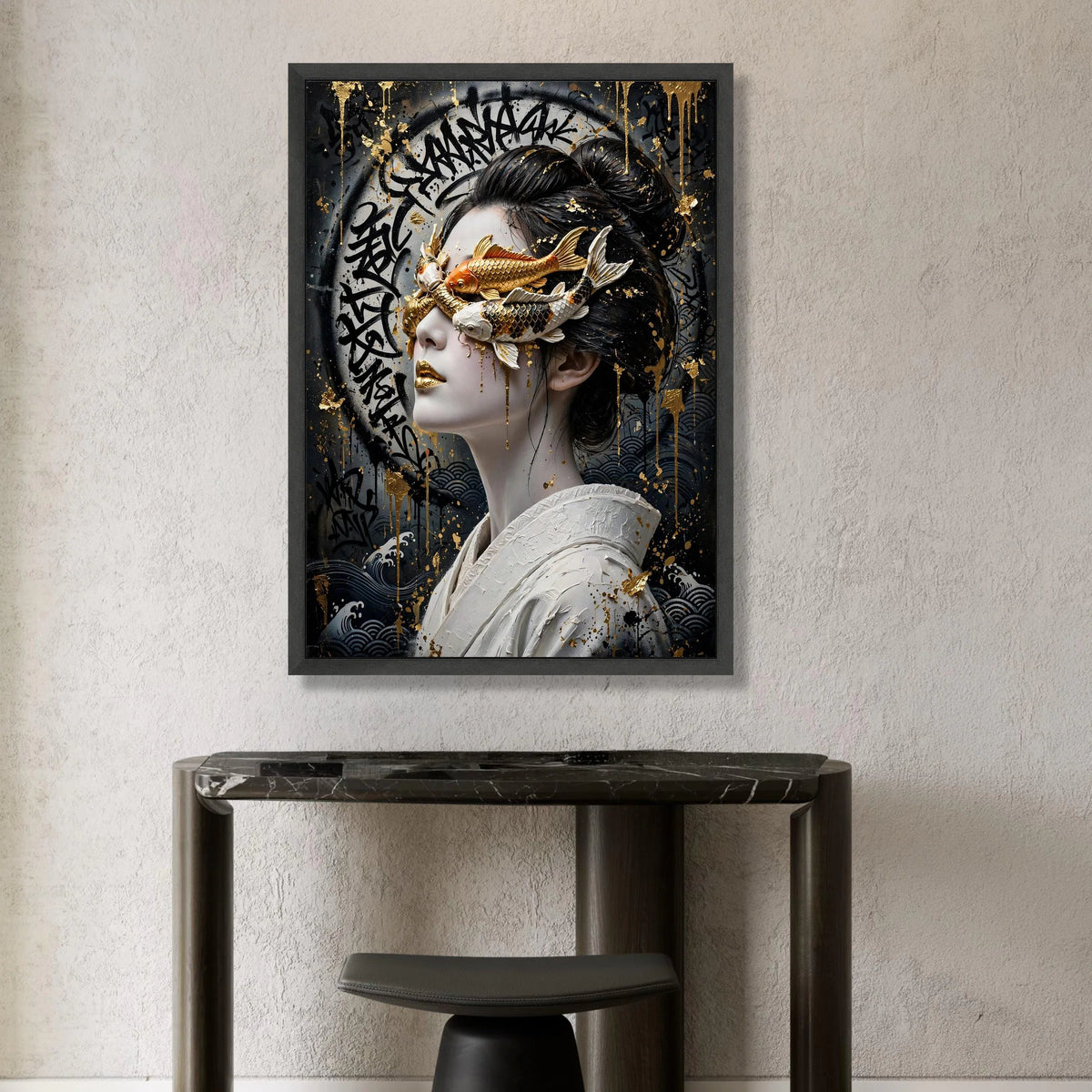 Surreal Koi Mask Portrait Canvas, Asian Woman Wall Art, Gold Accent Modern Canvas, Decorative Face Art, Contemporary Home Canvas Print Art