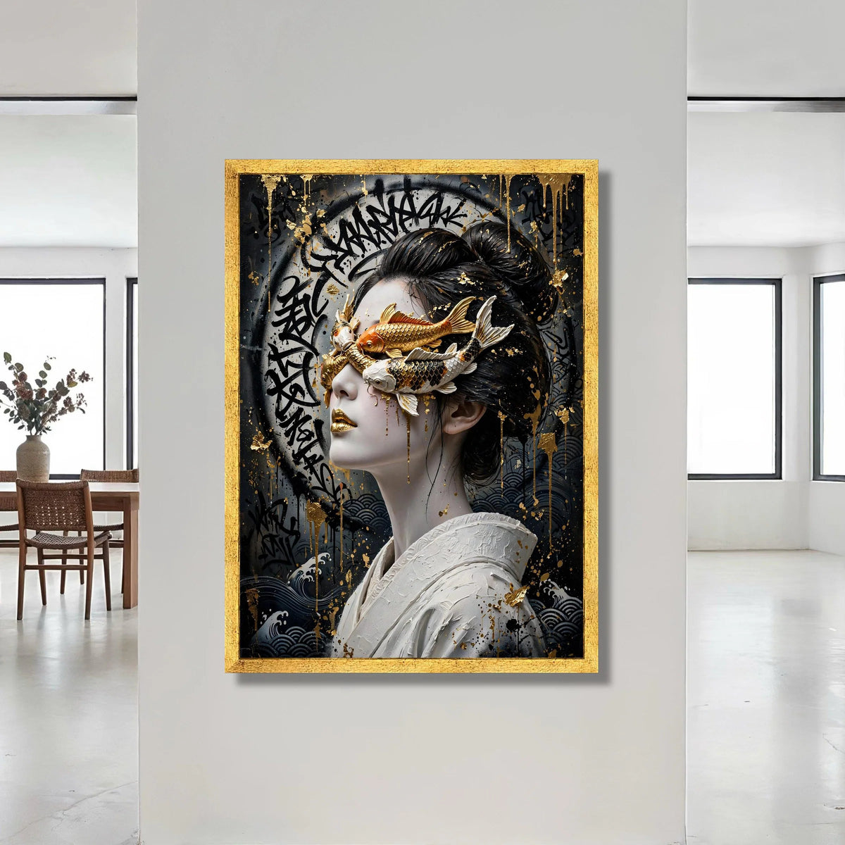 Surreal Koi Mask Portrait Canvas, Asian Woman Wall Art, Gold Accent Modern Canvas, Decorative Face Art, Contemporary Home Canvas Print Art