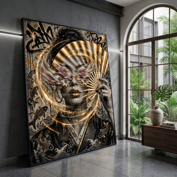 Golden Mystique Woman with Fan Canvas, Abstract Portrait Wall Art, Asian-Inspired Face Design, Modern Decorative Canvas, Canvas Print Art