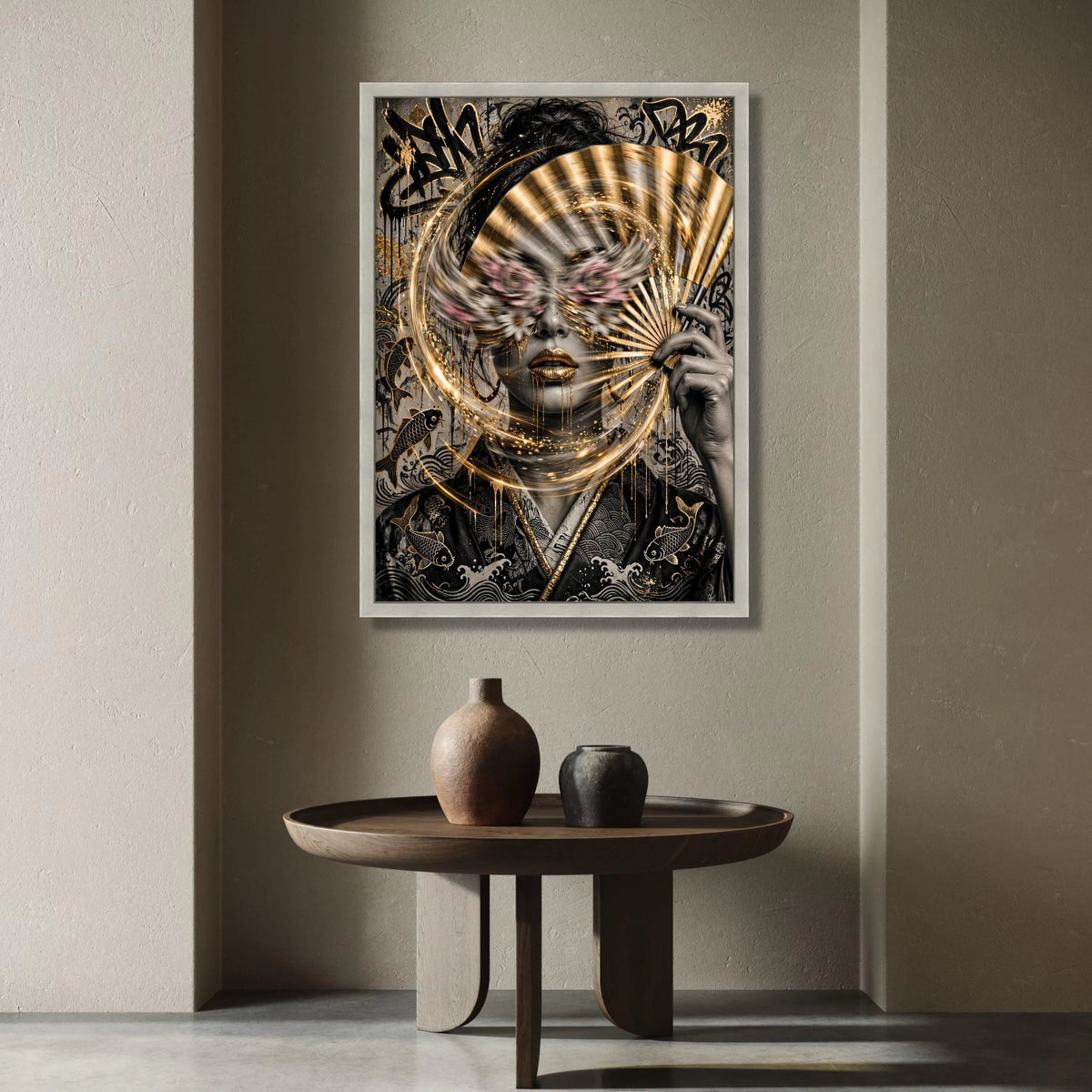 Golden Mystique Woman with Fan Canvas, Abstract Portrait Wall Art, Asian-Inspired Face Design, Modern Decorative Canvas, Canvas Print Art